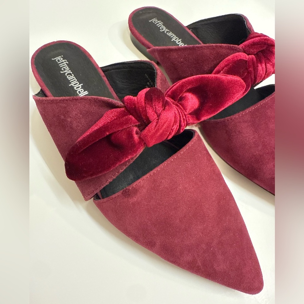 Jeffrey Campbell Charlin Bow Suede Mule Flat Sandals, Burgundy, Size‎ 8.5 - Picture 3 of 6